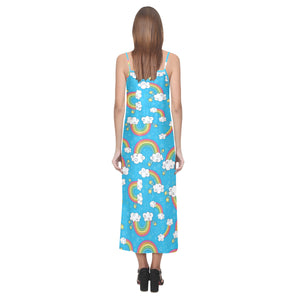 Rainbows Sky Clouds Pattern V-Neck Open Fork Long Dress