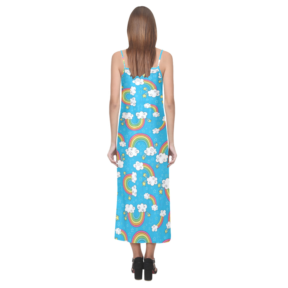 Rainbows Sky Clouds Pattern V-Neck Open Fork Long Dress