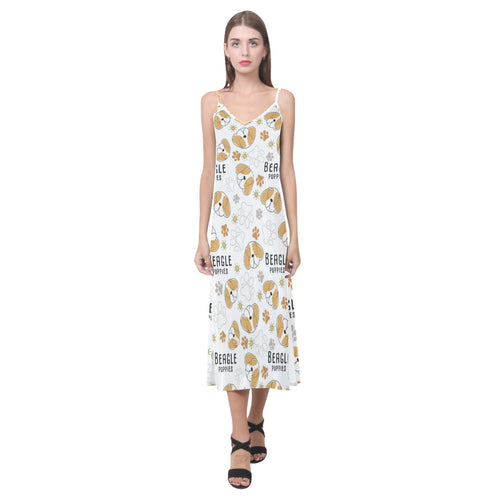 Cute beagle dog pattern background V-Neck Open Fork Long Dress