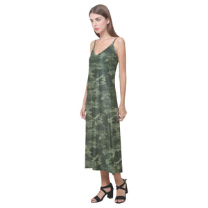 Digital Green camouflage pattern V-Neck Open Fork Long Dress