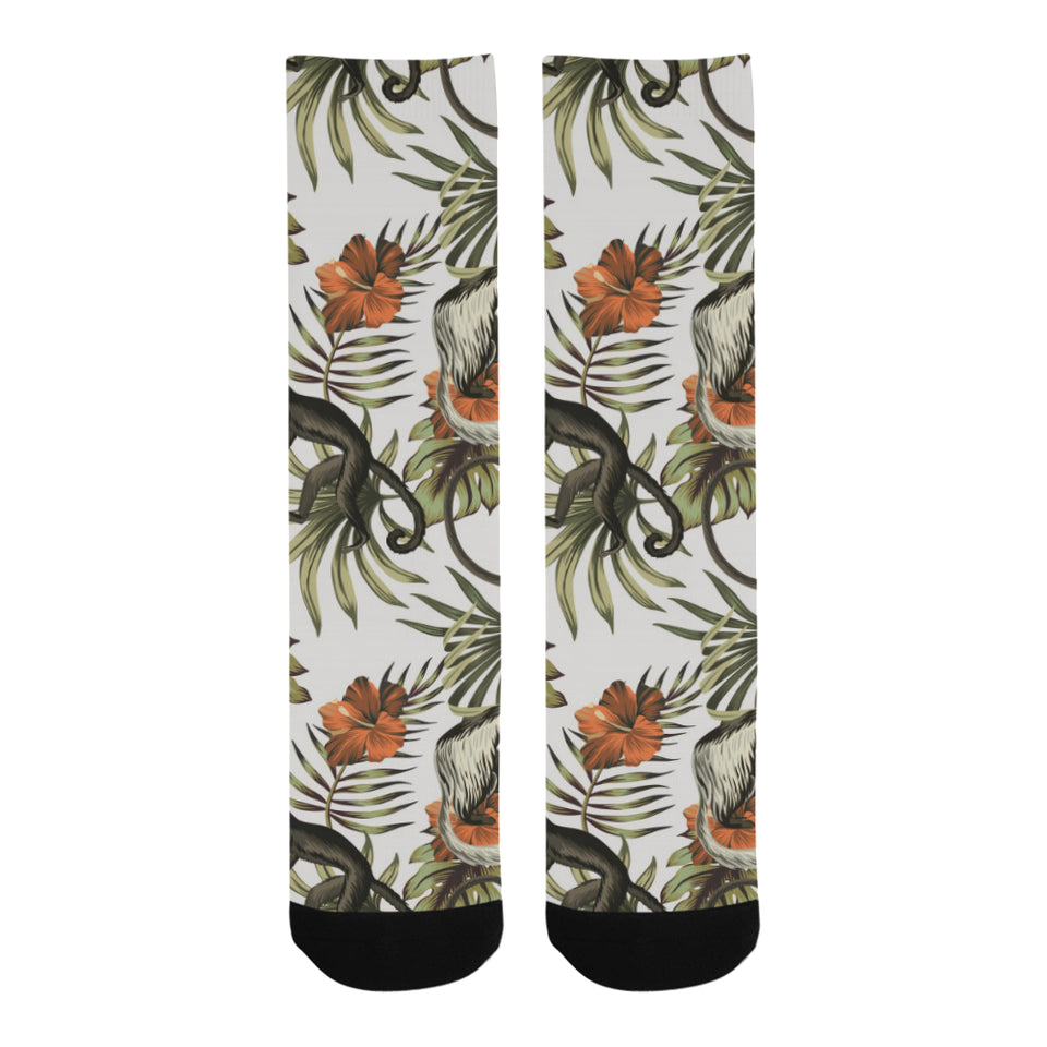 Monkey red hibiscus flower palm leaves floral patt Crew Socks