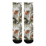 Monkey red hibiscus flower palm leaves floral patt Crew Socks