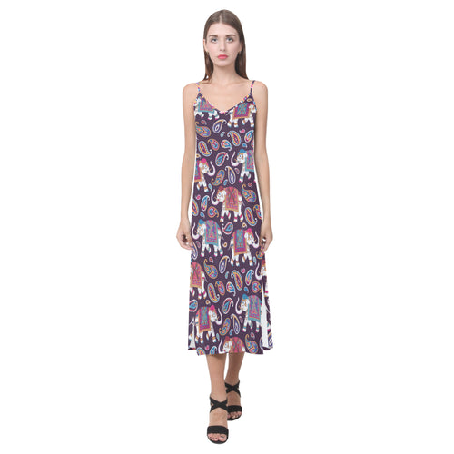 Elephant indian style ornament pattern V-Neck Open Fork Long Dress