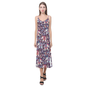 Elephant indian style ornament pattern V-Neck Open Fork Long Dress