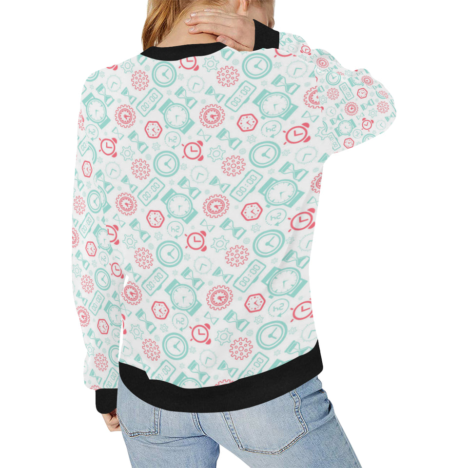 Clock time pattern blackground Women's Crew Neck Sweatshirt