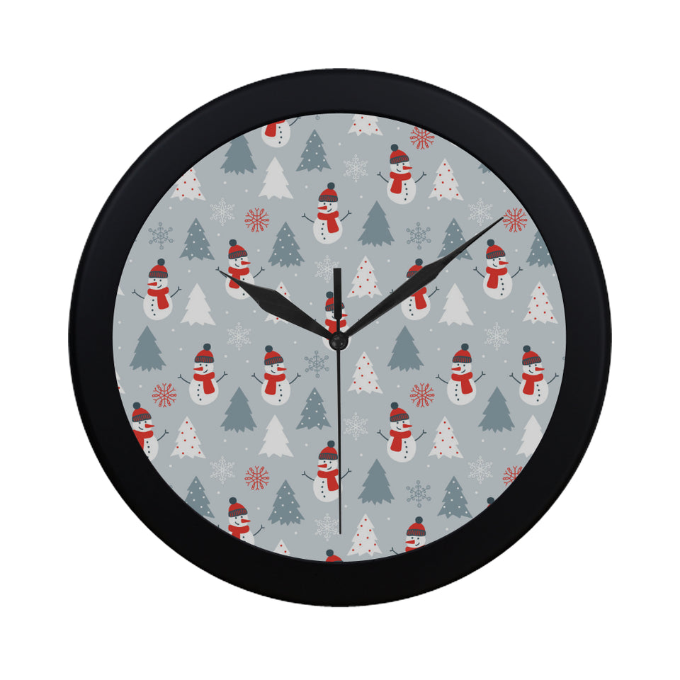 Snowman christmas  tree snow gray background Elegant Black Wall Clock