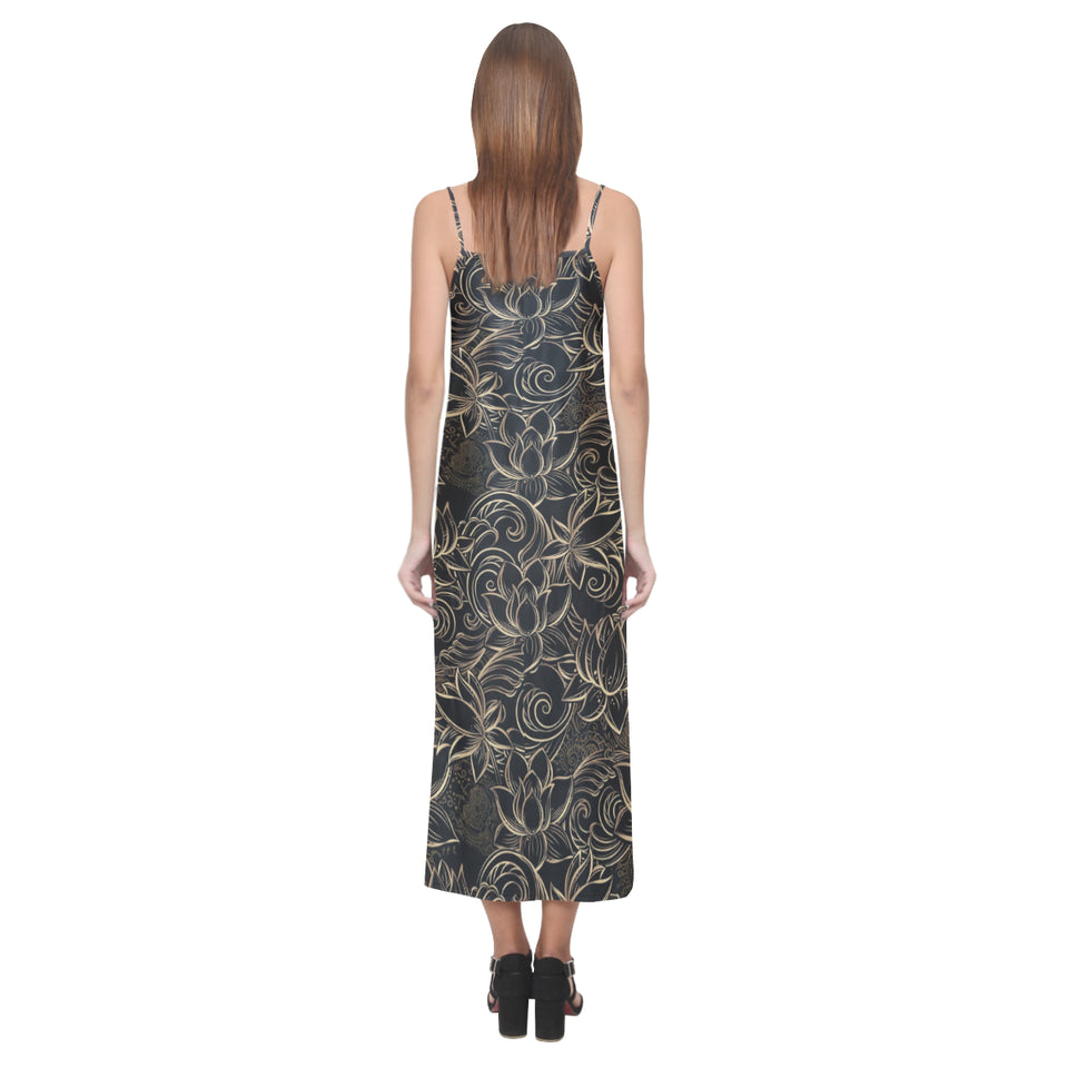 luxurious gold lotus waterlily black background V-Neck Open Fork Long Dress