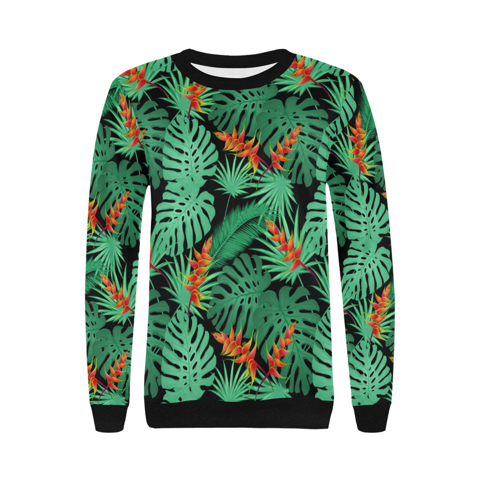 heliconia flower palm monstera leaves black backgr Women's Crew Neck Sweatshirt