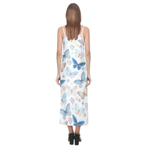 blue butterfly pattern V-Neck Open Fork Long Dress