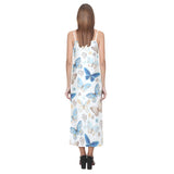 blue butterfly pattern V-Neck Open Fork Long Dress