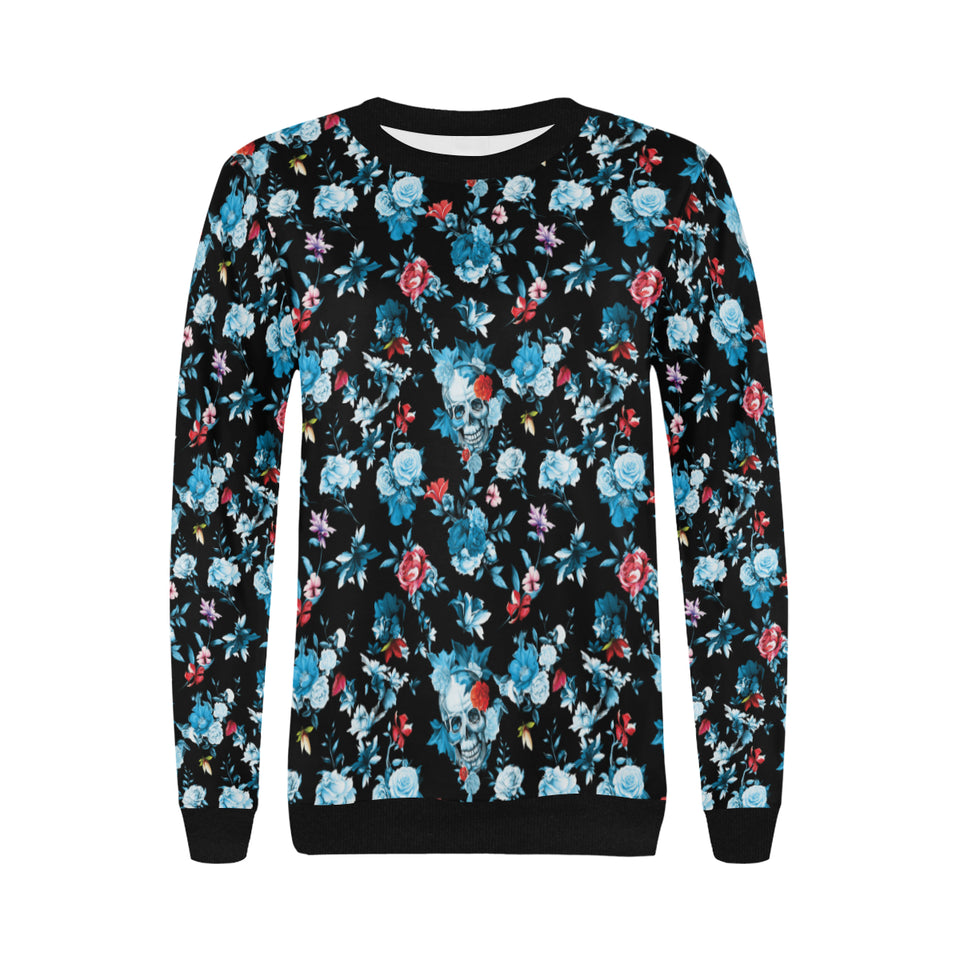 Skull flower roses leave pattern Women's Crew Neck Sweatshirt