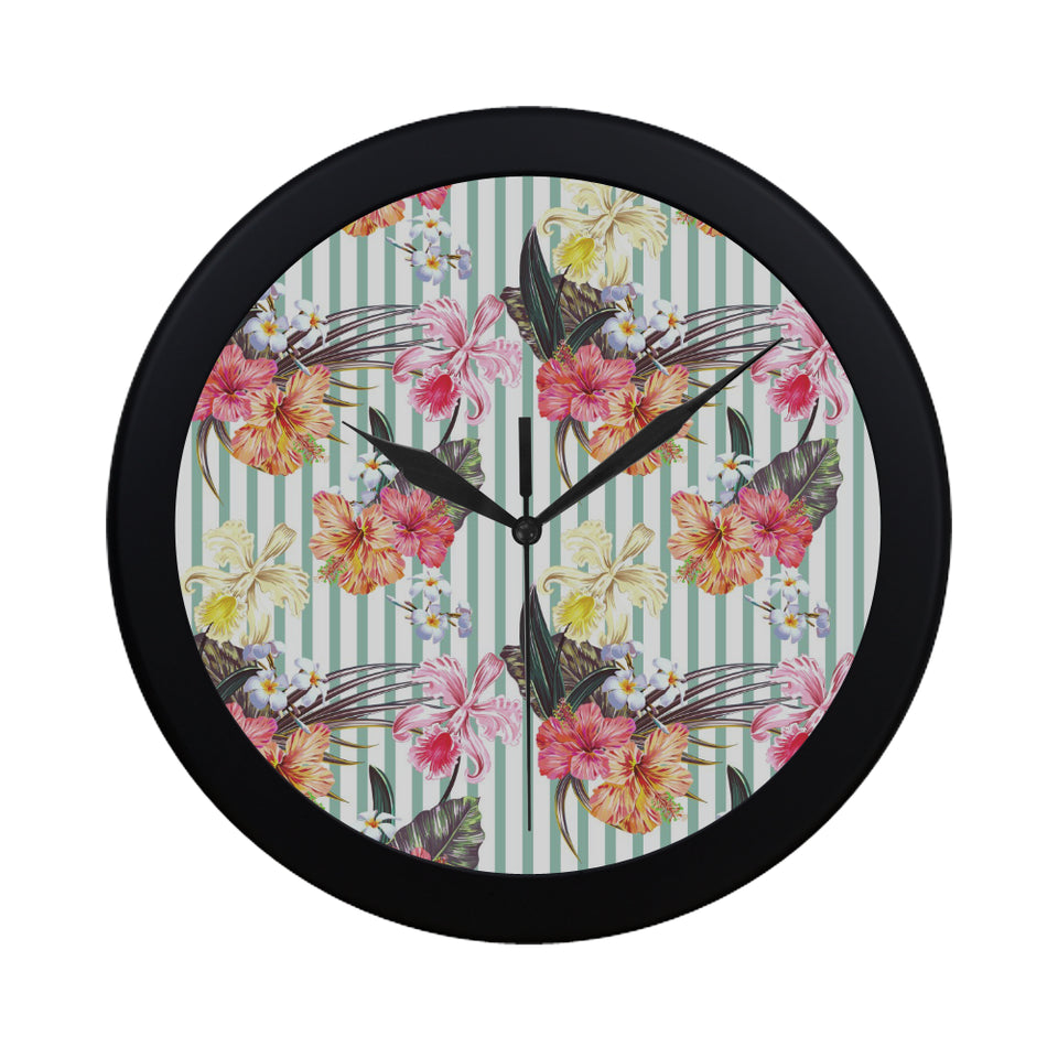 Colorful orchid flower pattern Elegant Black Wall Clock