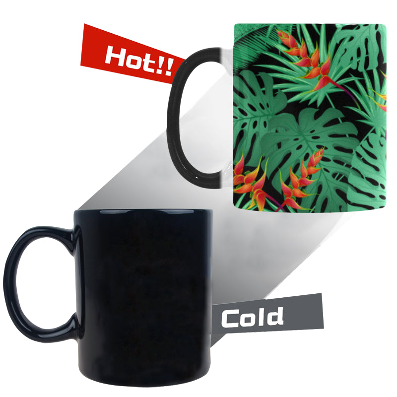 heliconia flower palm monstera leaves black backgr Morphing Mug Heat Changing Mug