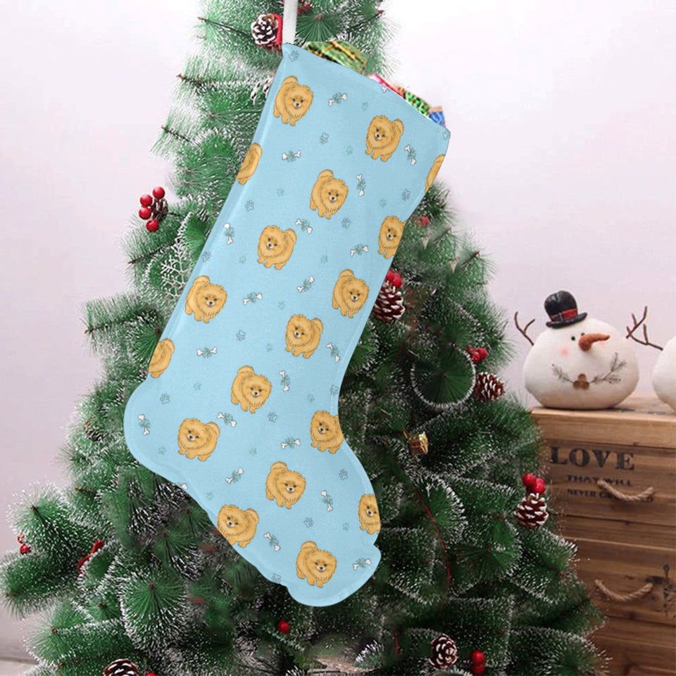 Brown cute pomeranian blue blackground Christmas Stocking