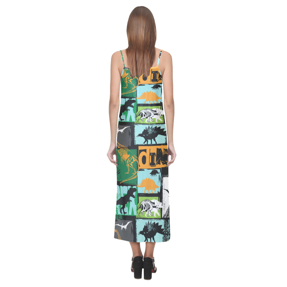 dinosaurs print pattern V-Neck Open Fork Long Dress