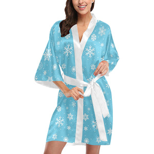 Snowflake pattern blue background Women's Short Kimono Robe