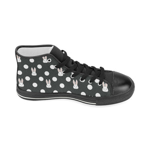 Cute white rabbit polka dots black background Women's High Top Canvas Shoes Black