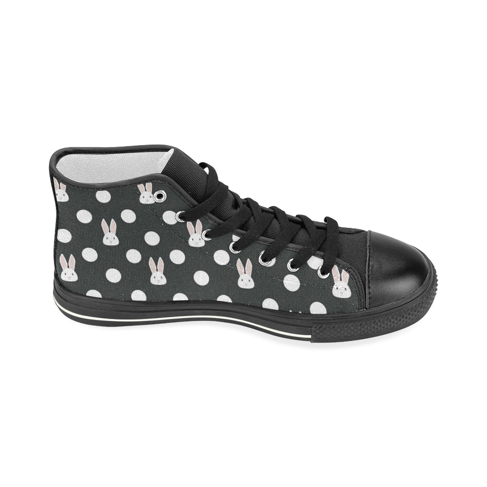Cute white rabbit polka dots black background Women's High Top Canvas Shoes Black