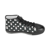 Cute white rabbit polka dots black background Women's High Top Canvas Shoes Black