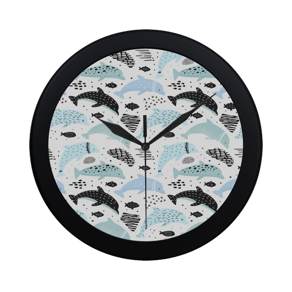 Cute dolphins Childish Style pattern Elegant Black Wall Clock