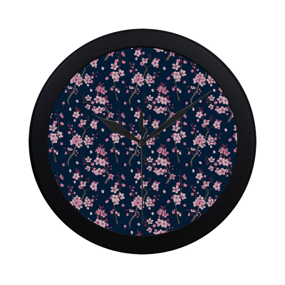 Pink sakura cherry blossom blue background Elegant Black Wall Clock