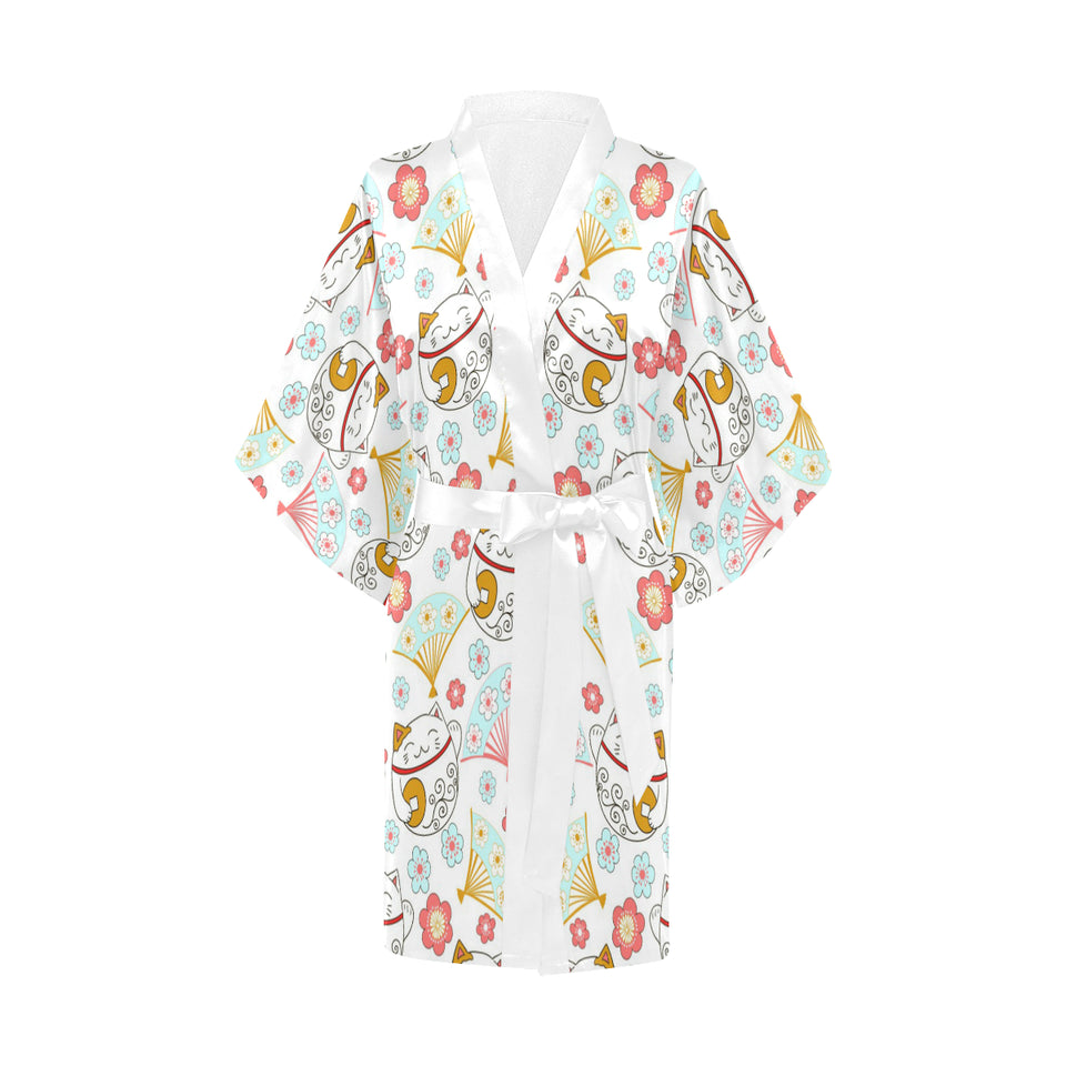 Maneki neko cat fan sakura Women's Short Kimono Robe