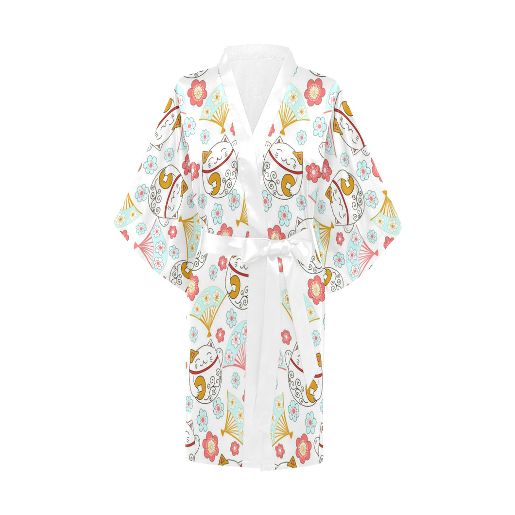 Maneki neko cat fan sakura Women's Short Kimono Robe