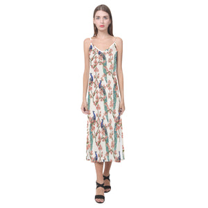 Peacock tropical flower pattern V-Neck Open Fork Long Dress