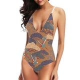Bonsai bamboo stork japanese pattern brown theme Women's One-Piece Swimsuit