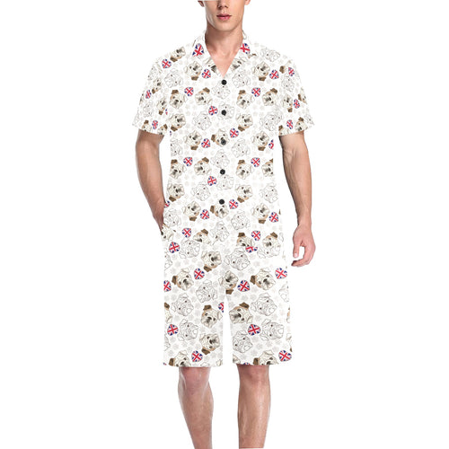 English Bulldog Pattern Print Design 01 Men's V-Neck Short Pajama Set