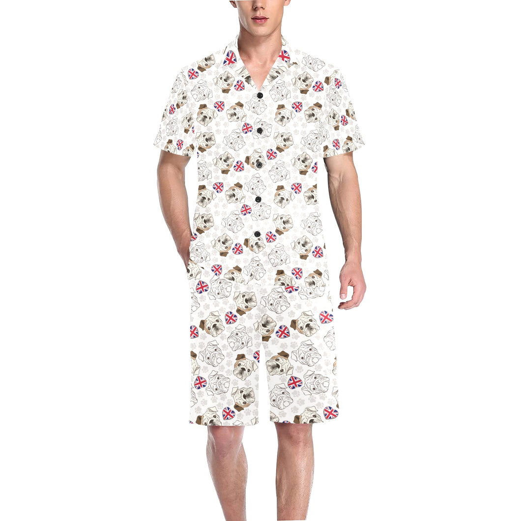 English Bulldog Pattern Print Design 01 Men's V-Neck Short Pajama Set