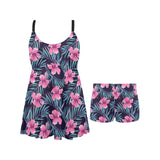 Hibiscus Pattern Print Design 05 Chest Sexy Pleated Two Piece Swim Dress