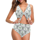 Hand drawn Koala leaves pattern Chest Bowknot High Waisted Bikini Swimsuit
