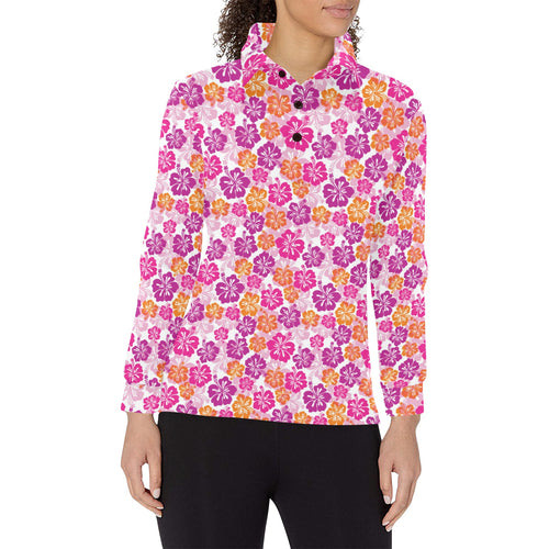 Hibiscus Pattern Print Design 01 Women's Long Sleeve Polo Shirt