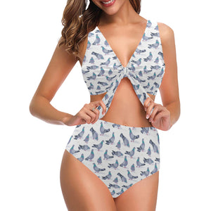 Pigeon Pattern Print Design 03 Chest Bowknot High Waisted Bikini Swimsuit