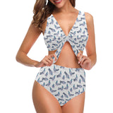 Pigeon Pattern Print Design 03 Chest Bowknot High Waisted Bikini Swimsuit