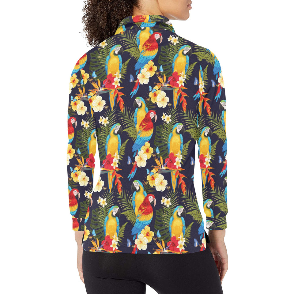 Colorful parrot flower pattern Women's Long Sleeve Polo Shirt