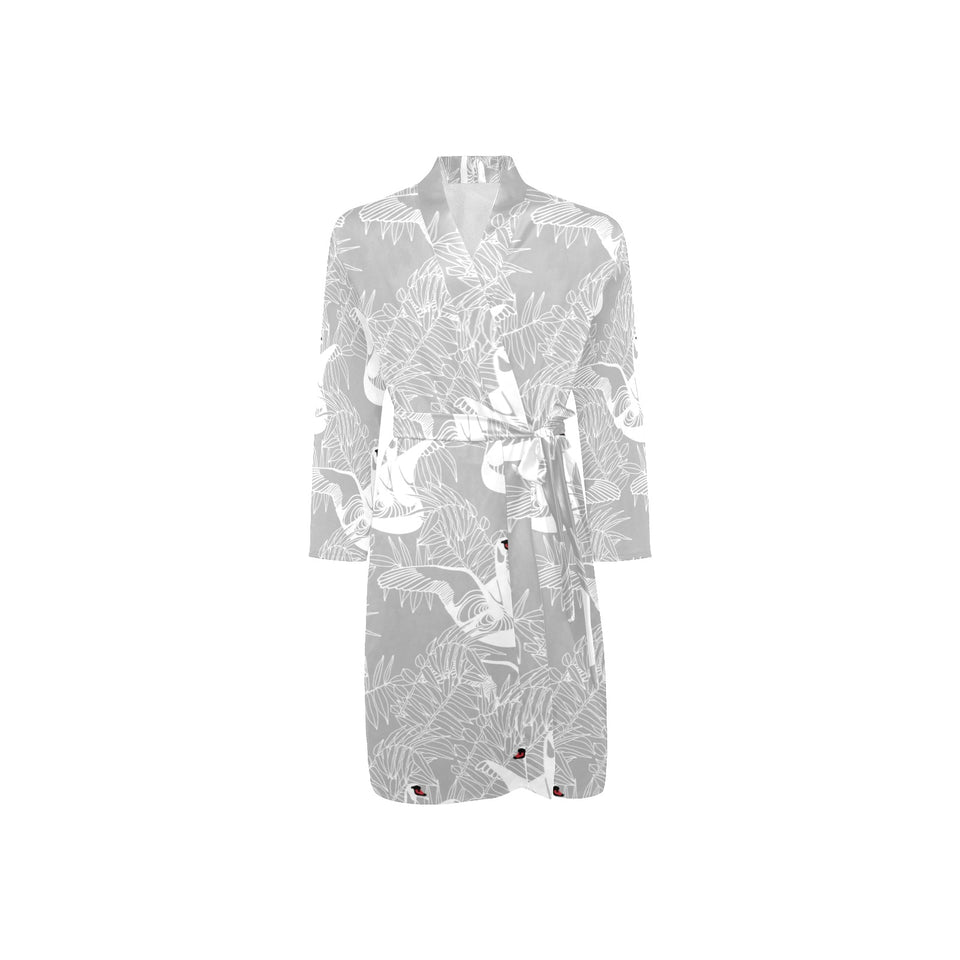 white swan gray background Men's Long Sleeve Belted Night Robe