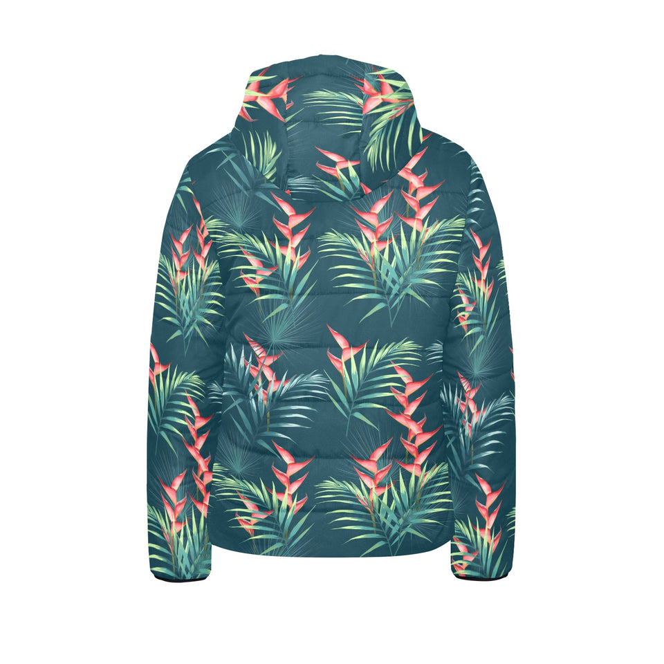 heliconia flowers, palm and monstera leaves on bla Kids' Boys' Girls' Padded Hooded Jacket