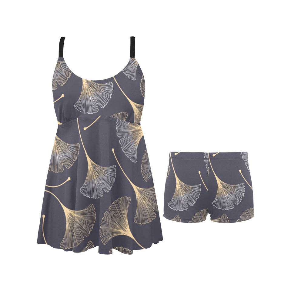 Gold ginkgo leaves Chest Sexy Pleated Two Piece Swim Dress