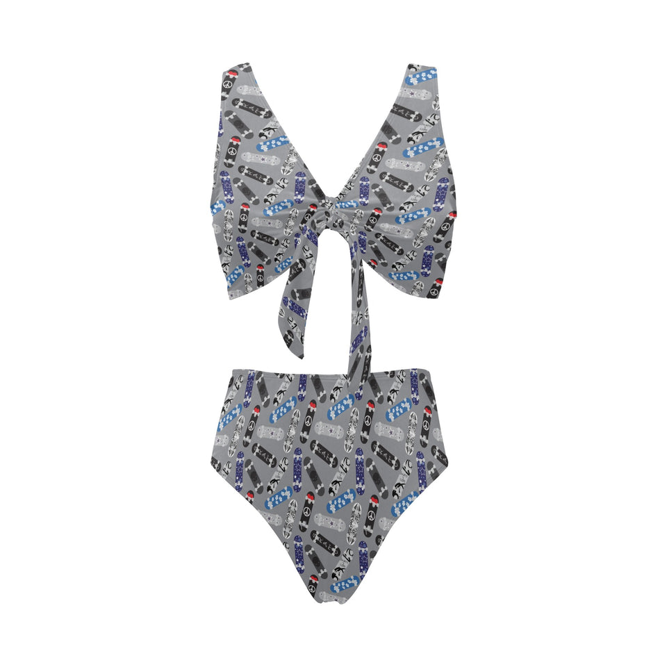 Skate Board Pattern Print Design 03 Chest Bowknot High Waisted Bikini Swimsuit