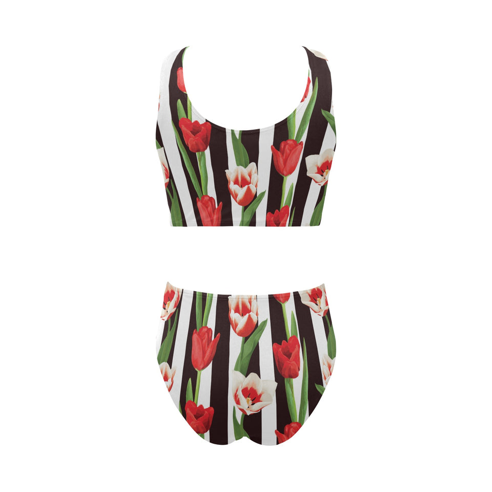 red and white tulips pattern Chest Bowknot High Waisted Bikini Swimsuit