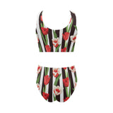 red and white tulips pattern Chest Bowknot High Waisted Bikini Swimsuit