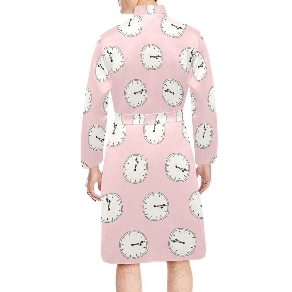 Clock pattern pink blackground Men's Long Sleeve Belted Night Robe
