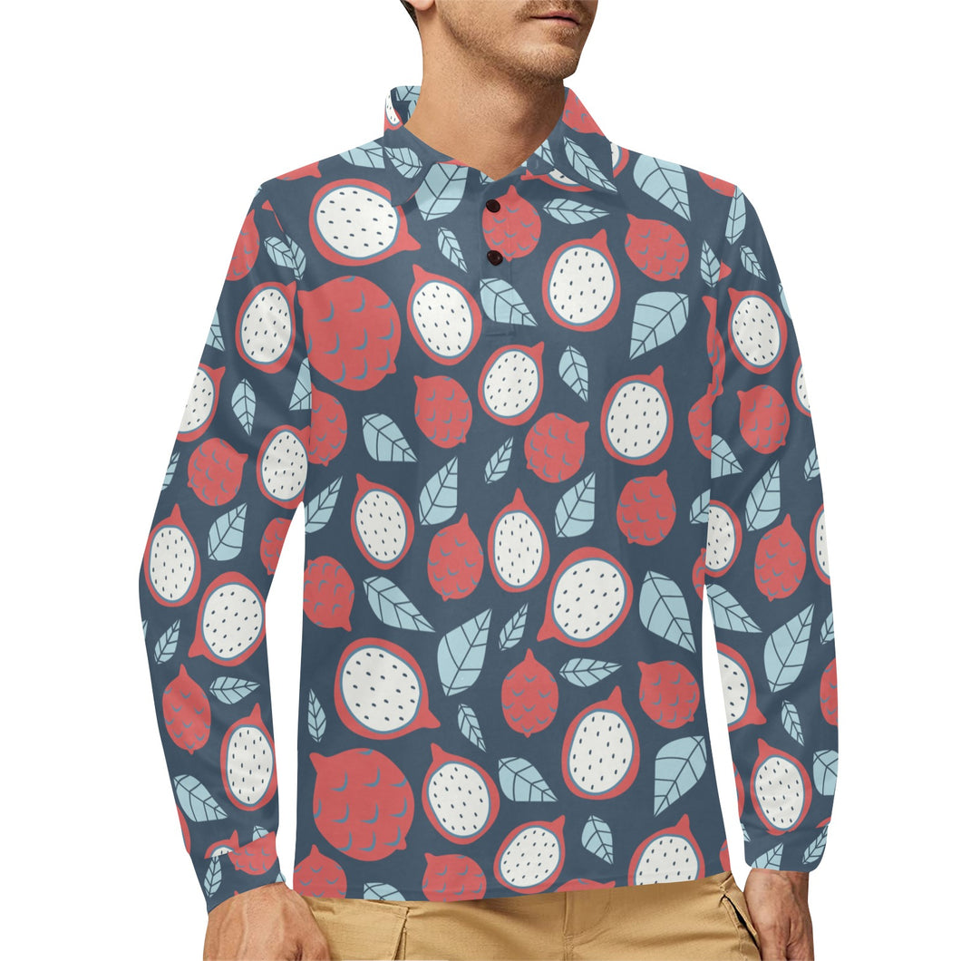 dragon fruits dark blue background Men's Long Sleeve Polo Shirt