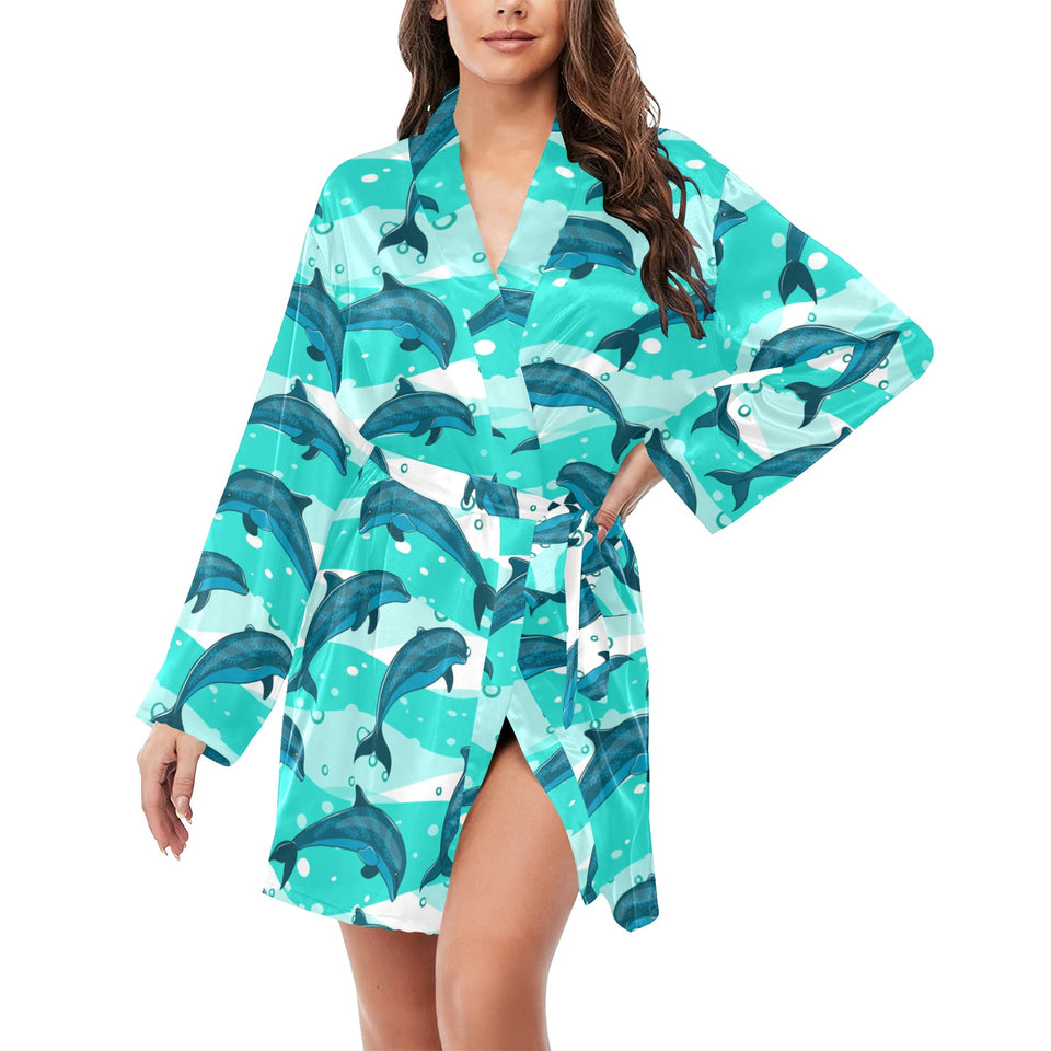 Dolphin sea pattern Women's Long Sleeve Belted Night Robe