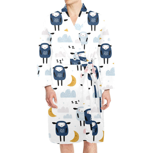 Cute sleeping sheep moon cloud pattern Men's Long Sleeve Belted Night Robe