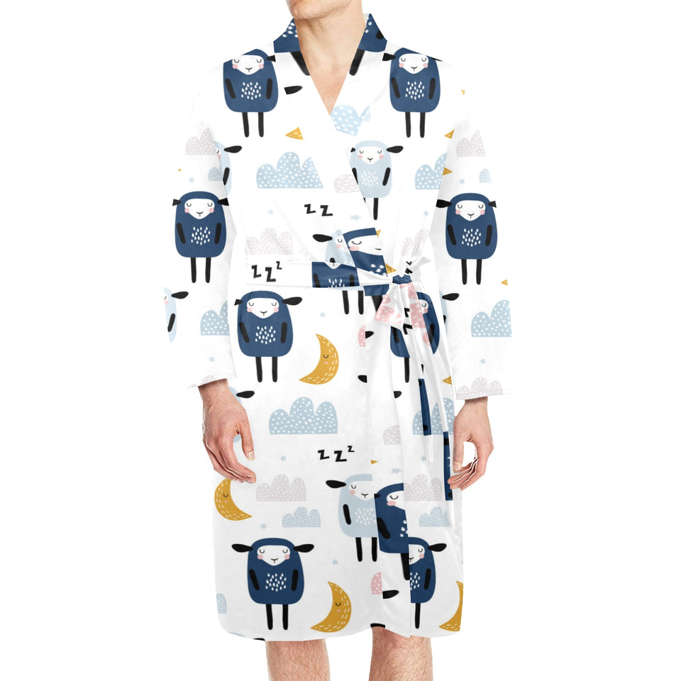 Cute sleeping sheep moon cloud pattern Men's Long Sleeve Belted Night Robe