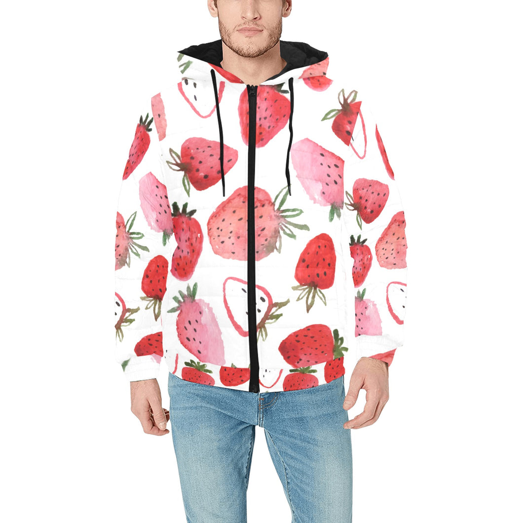 watercolor hand drawn beautiful strawberry pattern Men's Padded Hooded Jacket