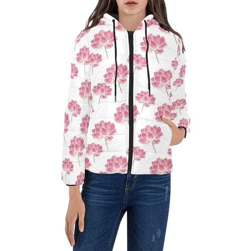 Pink lotus waterlily pattern Women's Padded Hooded Jacket